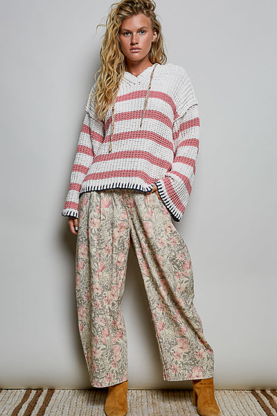 Ivory & Pink Striped Oversized Chenille Hooded Sweater
