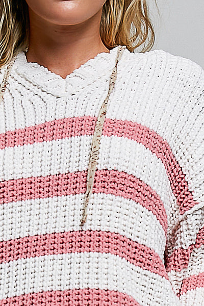 Ivory & Pink Striped Oversized Chenille Hooded Sweater