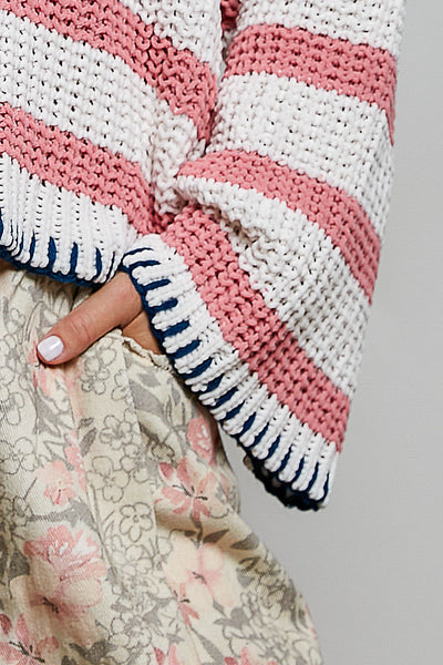 Ivory & Pink Striped Oversized Chenille Hooded Sweater