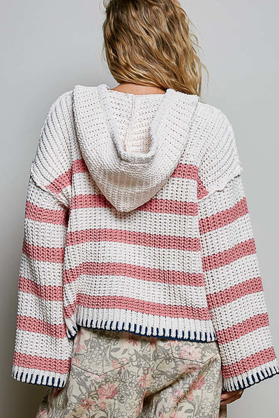 Ivory & Pink Striped Oversized Chenille Hooded Sweater