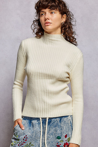 Cream Ribbed Mock Neck Sweater