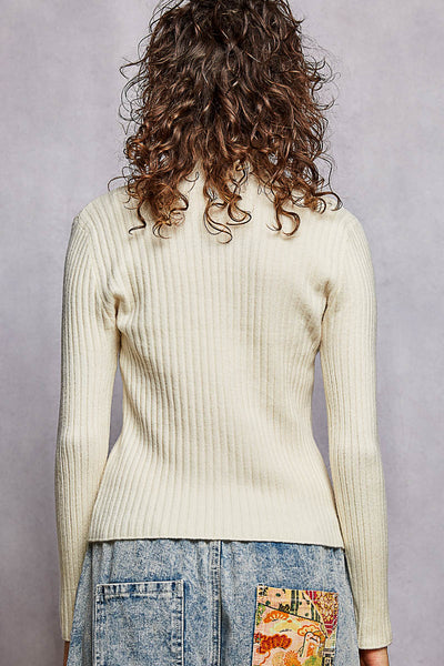 Cream Ribbed Mock Neck Sweater