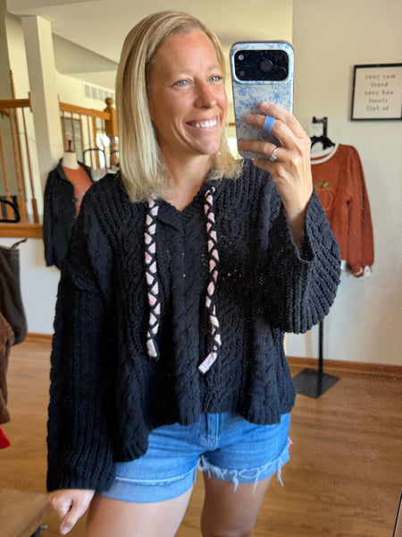 Black Hooded Chenille Cable Knit Sweater