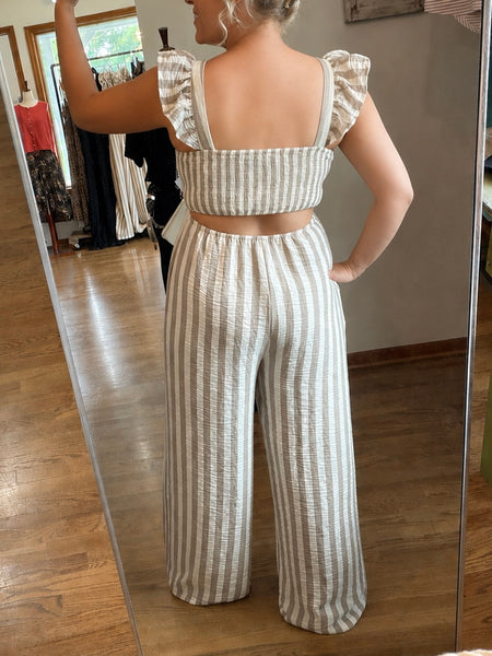 Beige Striped Cotton Gauze Wide Leg Jumper