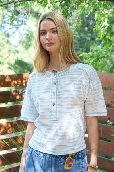Blue Stripe Henley Exposed Seam Top