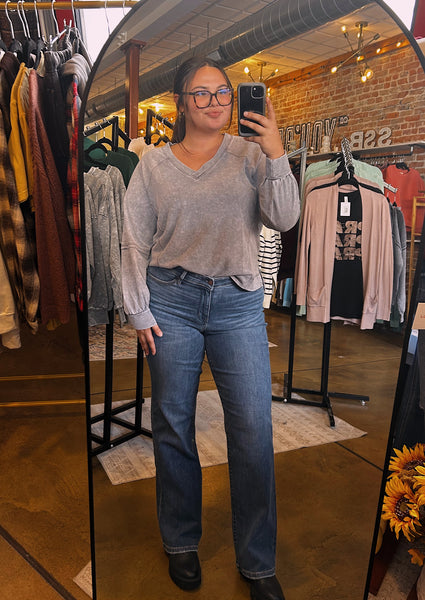 Washed Grey V-Neck Top