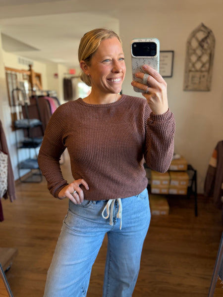 Mocha Waffle Knit Long Sleeve Top