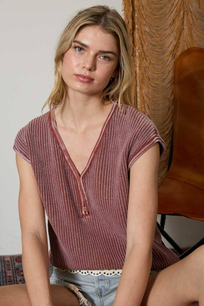 Terracotta Raw Edge Short Sleeve Henley Top