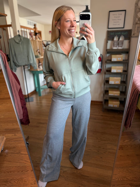 Sage Green High Neck Long Sleeve Zippered Jacket