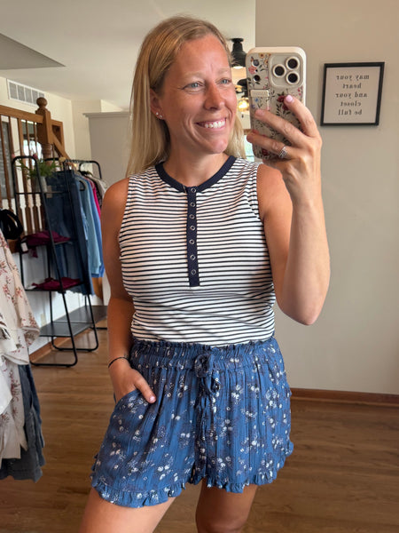 Navy Floral Printed Paper Bag Shorts