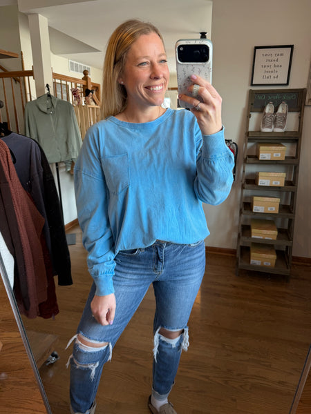 Ocean Blue Oversized Washed Long Sleeve Pocket Tee