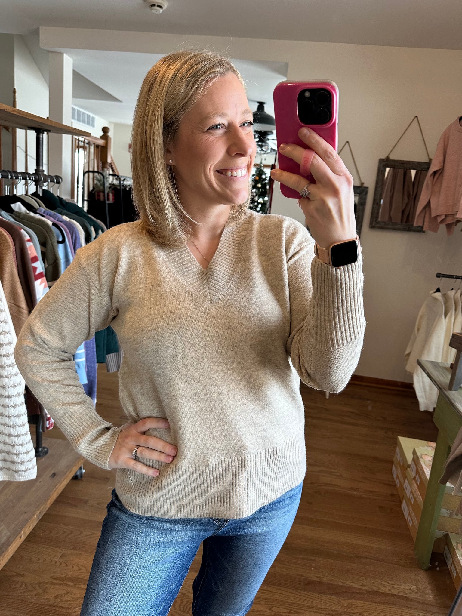 Khaki V-Neck Pullover Sweater