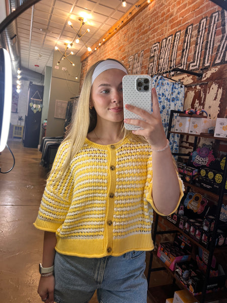 Yellow Striped Short Sleeve Crochet Knit Cardigan