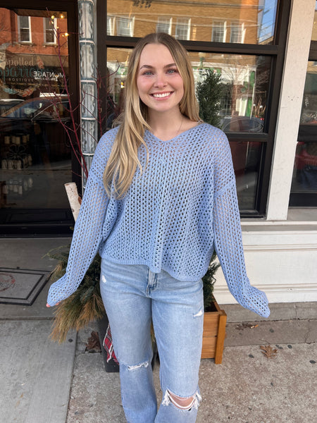 Powder Blue V-Neck Open Knit Top