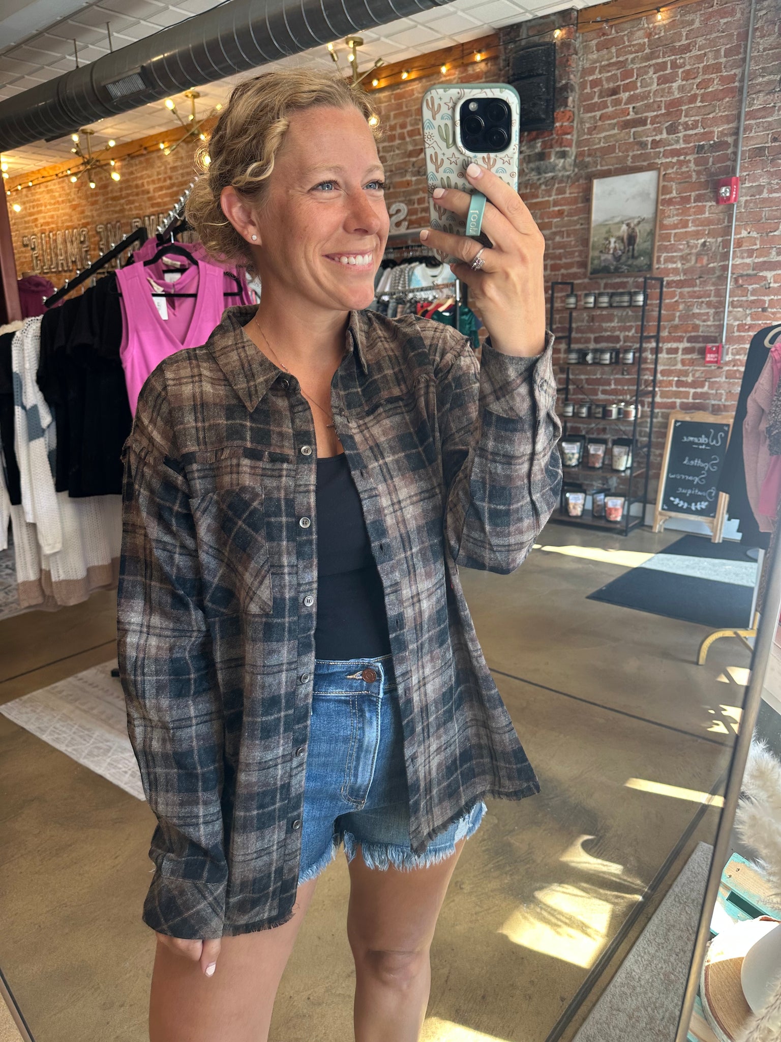Black & Brown Plaid Frayed Hem Flannel