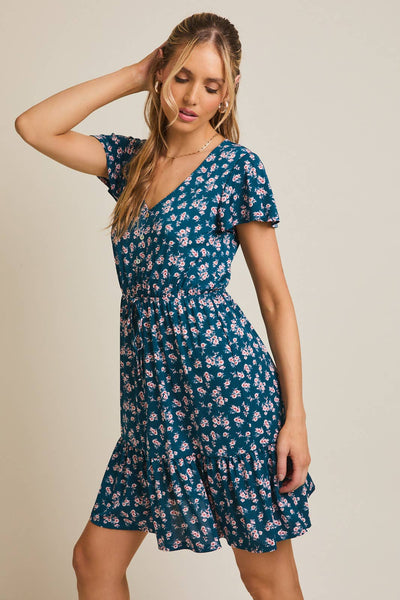 Teal Disy Floral Short Sleeve Dress