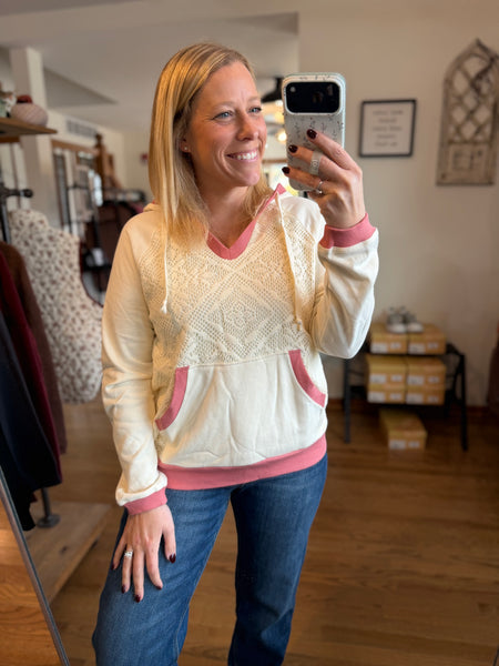 Ivory & Pink Crochet Knit Hoodie