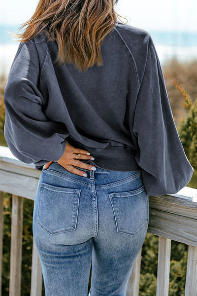Blue Washed Snap Neckline Pullover Sweatshirt