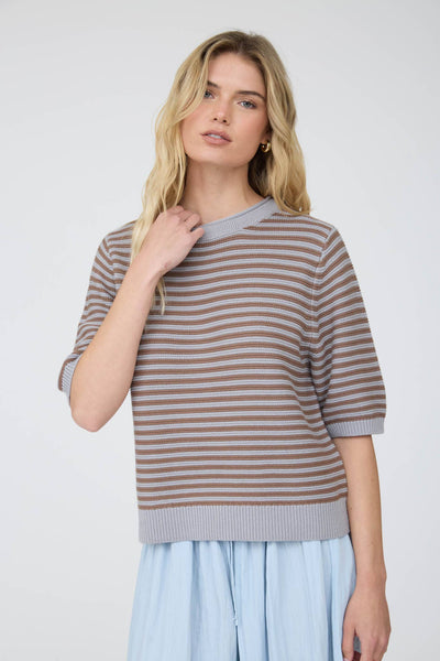Gray and Mocha Textured Stripe Crew Neck Half Sleeve Sweater
