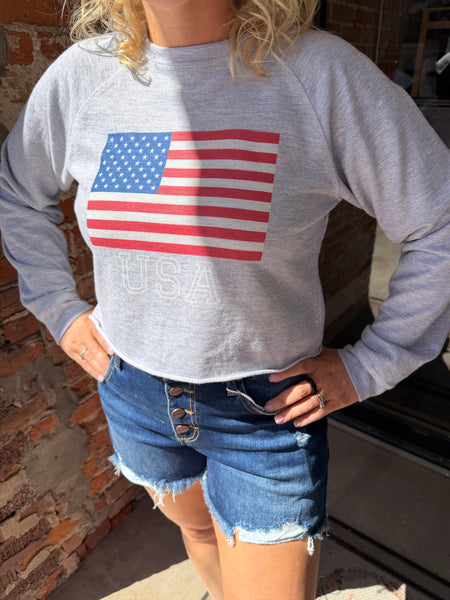 Heather Grey USA Raw Hem Knit Top