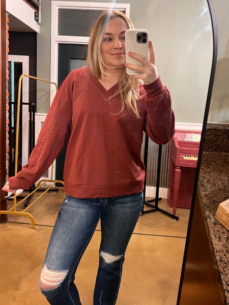 Burnt Amber French Terry V-Neck Sweatshirt