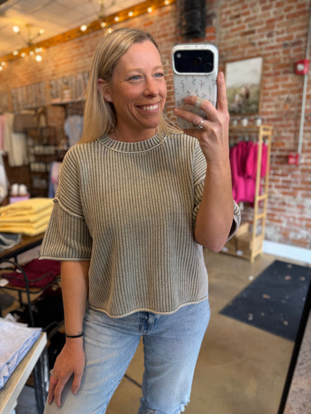 Light Olive Mineral Wash Short Sleeve Knit Top