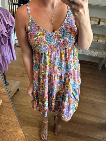 Peach & Lavender Floral Smocked Bust Sundress