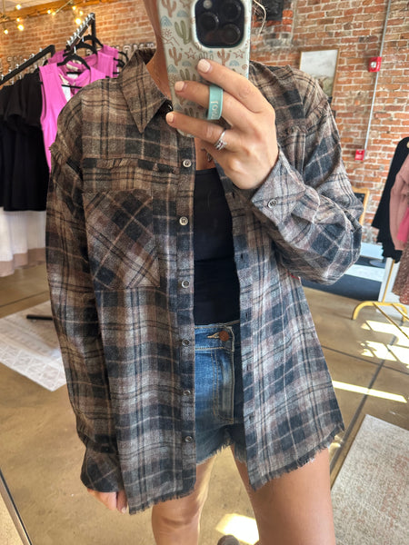 Black & Brown Plaid Frayed Hem Flannel