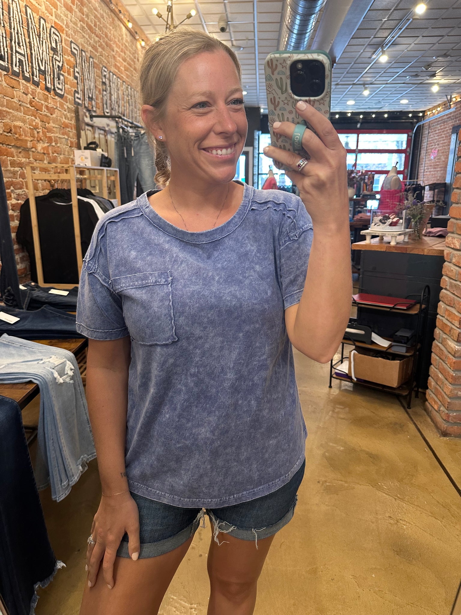 Navy Snow Washed Round Neck Tee