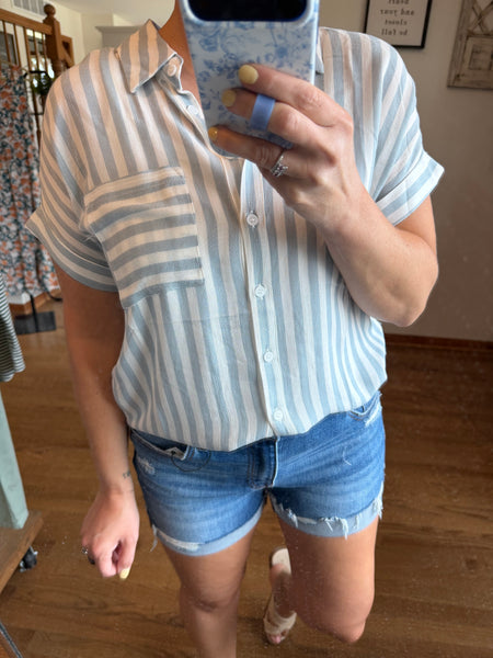 White & Dusty Blue Stripe Short Sleeve Button Top