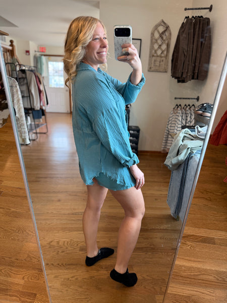 Dusty Teal Linen Shorts
