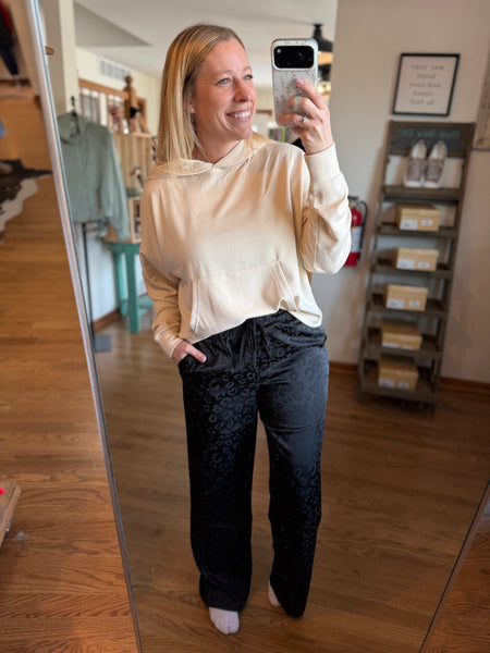 Black Leopard Print Wide-Leg Drawstring Pants