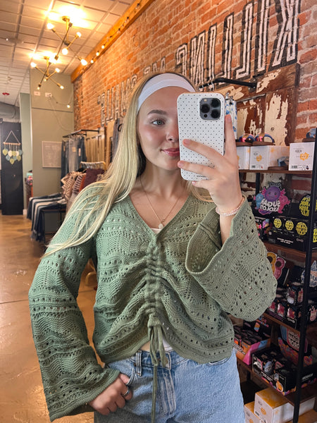 Olive Pointelle Knit V-Neck Ruched Top