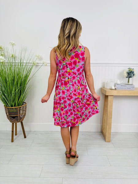 Aqua & Pink Floral Comfort Stretch Tiered Lizzy Dress