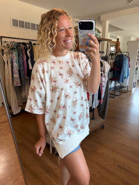 Ivory Floral Ribbed Short Sleeve Top