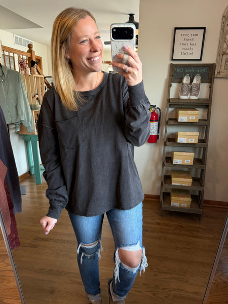 Black Oversized Washed Long Sleeve Pocket Tee