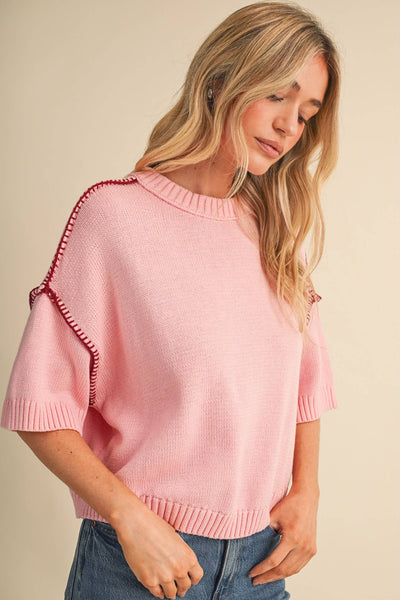 Pink & Burgundy Short Sleeve Blanket Stitch Sweater