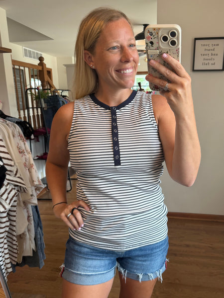 White & Navy Striped Button Tank Top