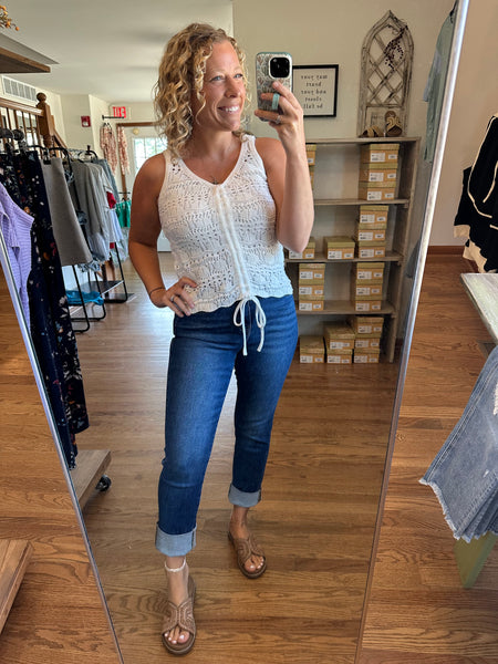Ivory Crochet Knit Drawstring Sweater Vest