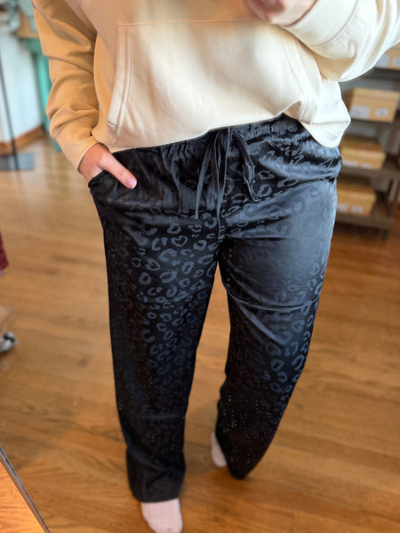 Black Leopard Print Wide-Leg Drawstring Pants