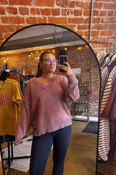 Burgundy Mineral Wash V-Neck Oversized Sweater