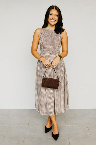 Brown Gingham Sleeveless Midi Dress