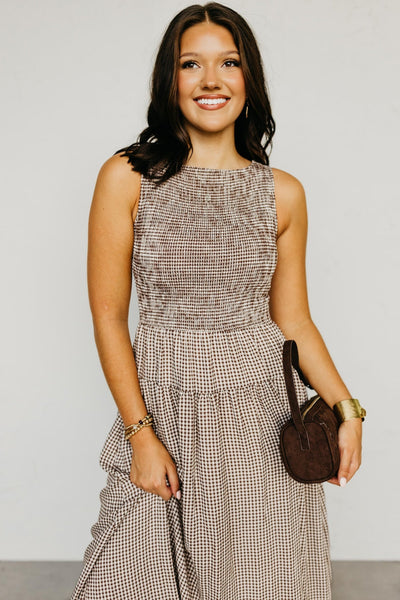 Brown Gingham Sleeveless Midi Dress