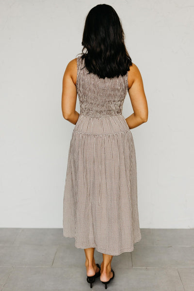 Brown Gingham Sleeveless Midi Dress