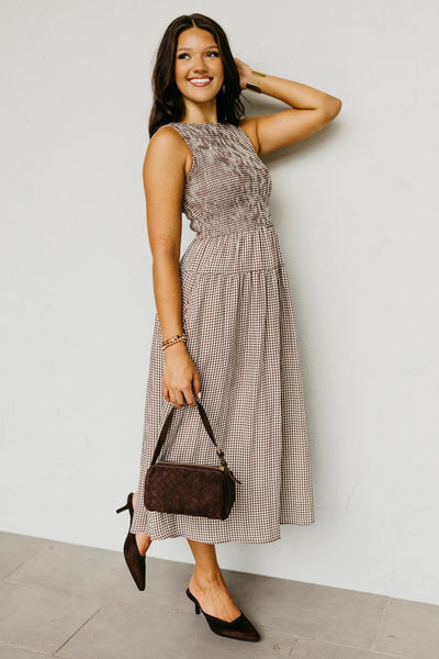 Brown Gingham Sleeveless Midi Dress