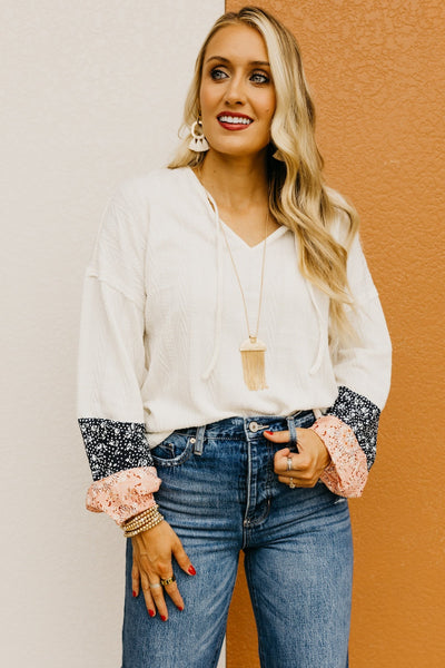 Beige & Floral Drawstring Top