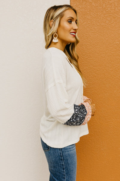 Beige & Floral Drawstring Top