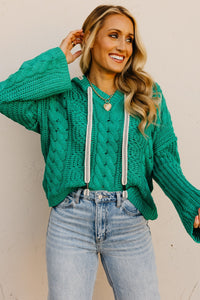 Sea Green Cable Knit Hooded Sweater