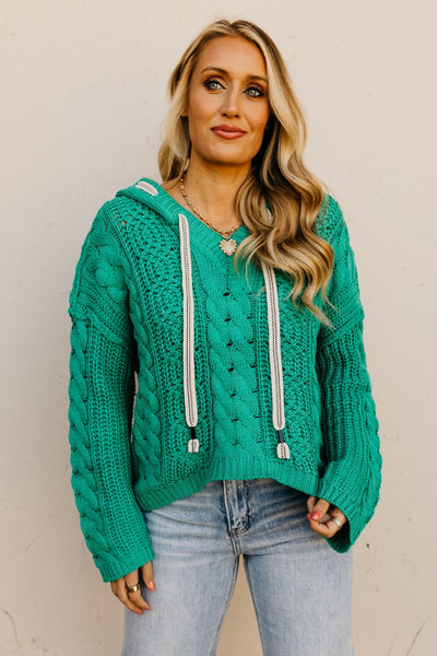 Sea Green Cable Knit Hooded Sweater