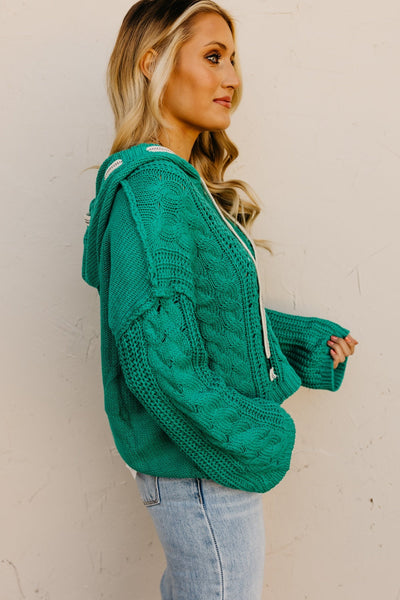 Sea Green Cable Knit Hooded Sweater